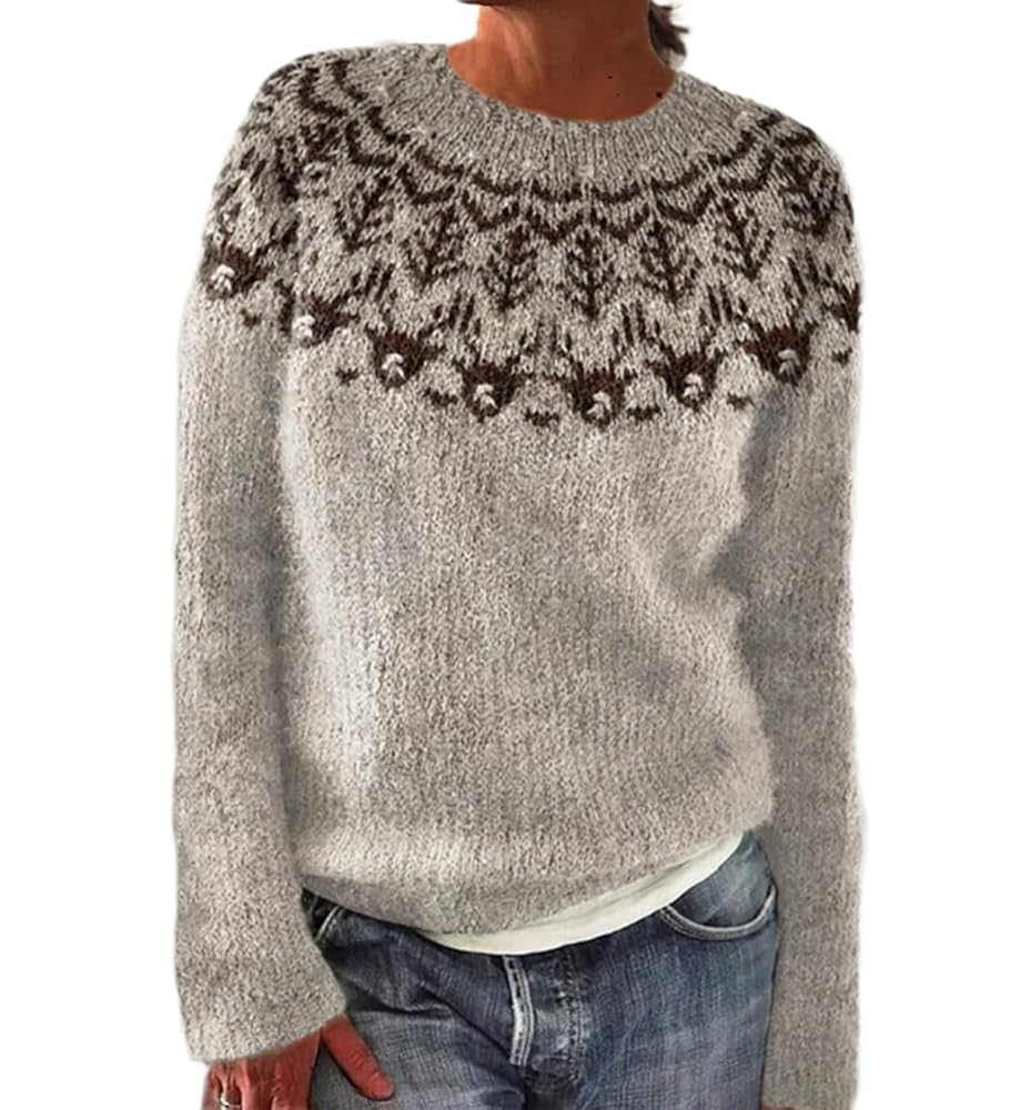 Women's Fair Isle Knit Pullover Sweater Oversized Casual